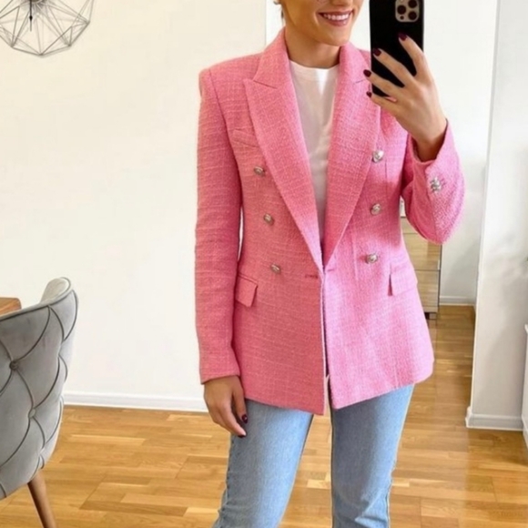 Zara Textured Tweed  Double Breasted  Blazer pink size S - Picture 17 of 17